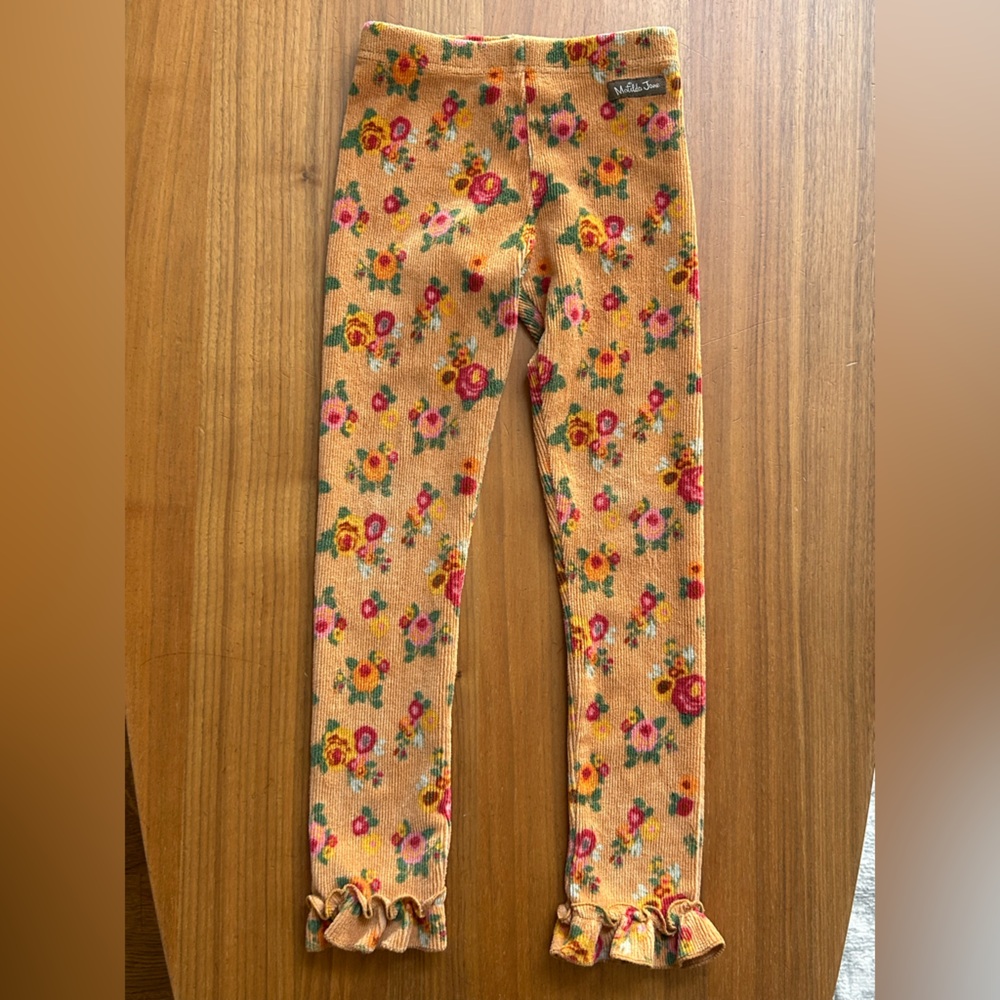 Matilda Jane Peach Corduroy Leggings w/ Pink & Yellow Flowers Size Kid 6